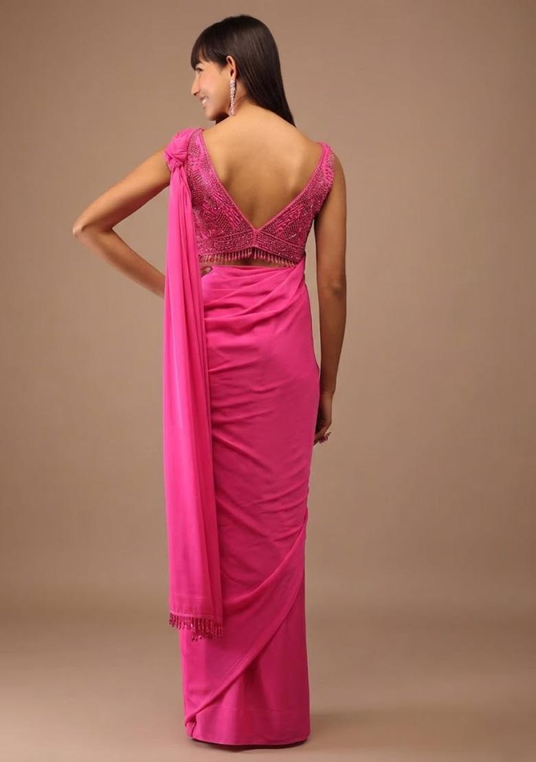 Hot Pink Satin Handwork Pre Draped Saree Set - Indya