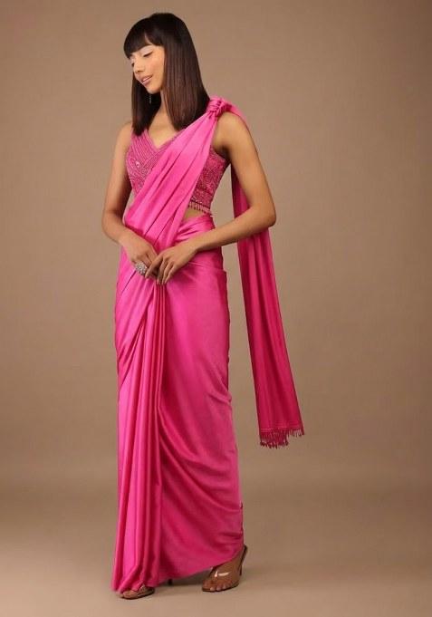 Hot Pink Satin Handwork Pre Draped Saree Set