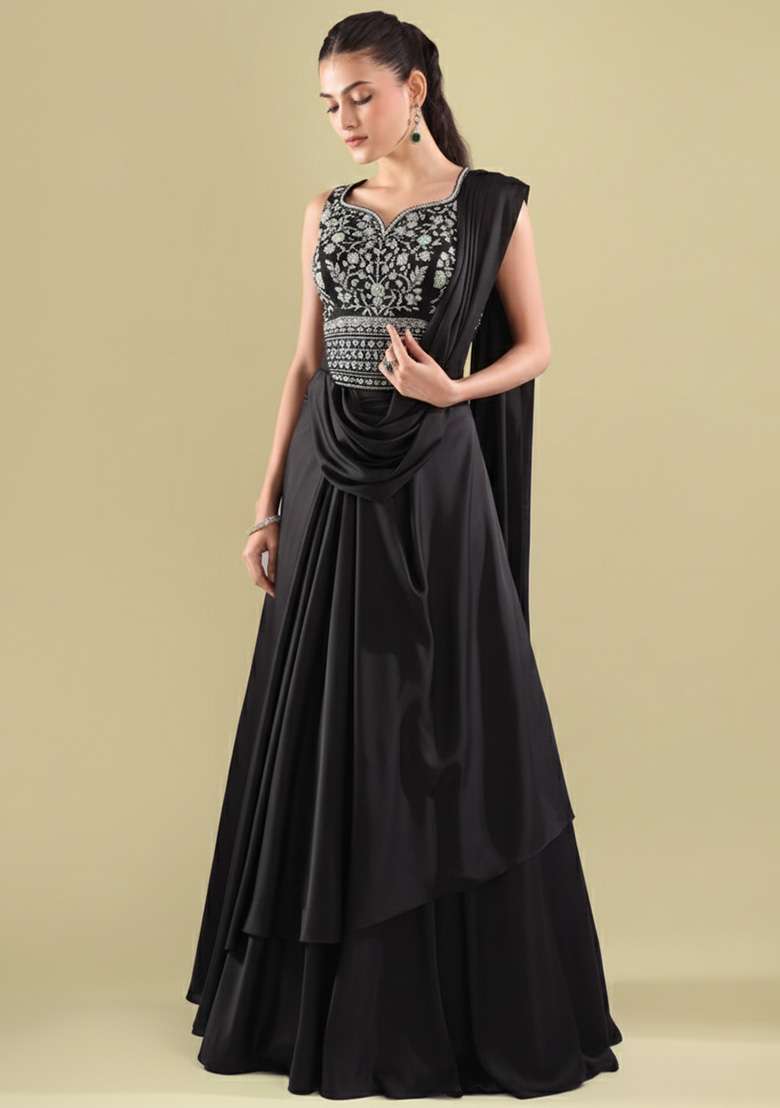 Black Crepe Handwork Lehenga Set - Indya