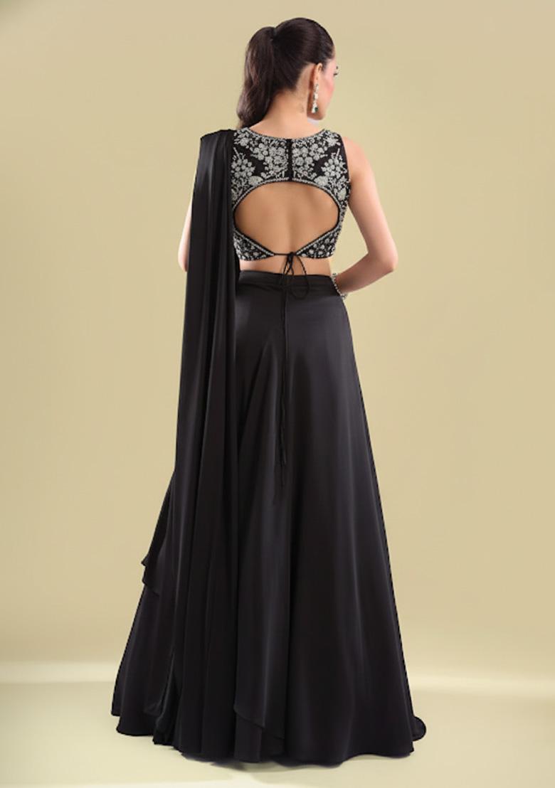 Black Crepe Handwork Lehenga Set - Indya