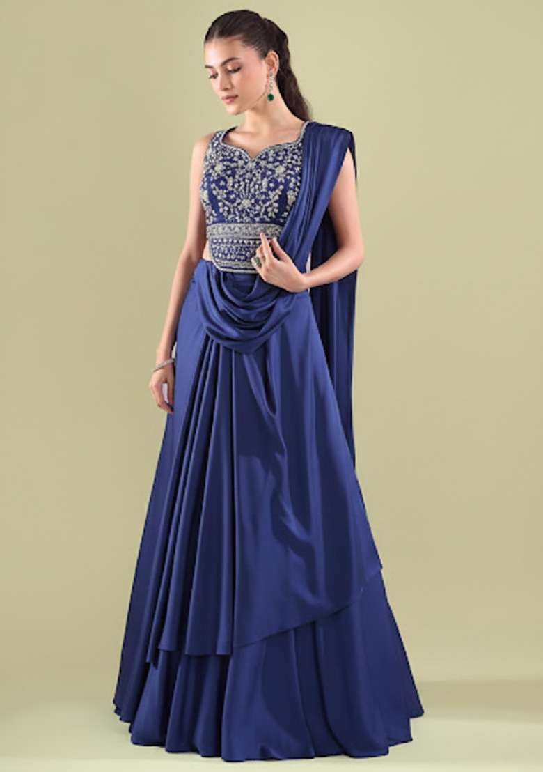 Navy Blue Crepe Handwork Lehenga Set - Indya
