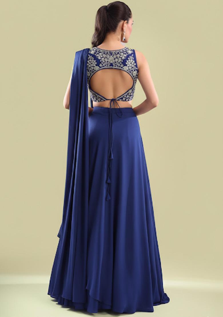 Navy Blue Crepe Handwork Lehenga Set - Indya