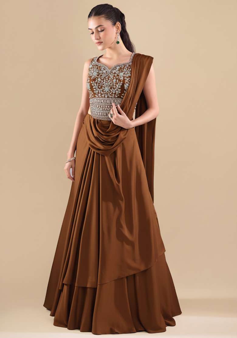 Brown Crepe Handwork Lehenga Set - Indya