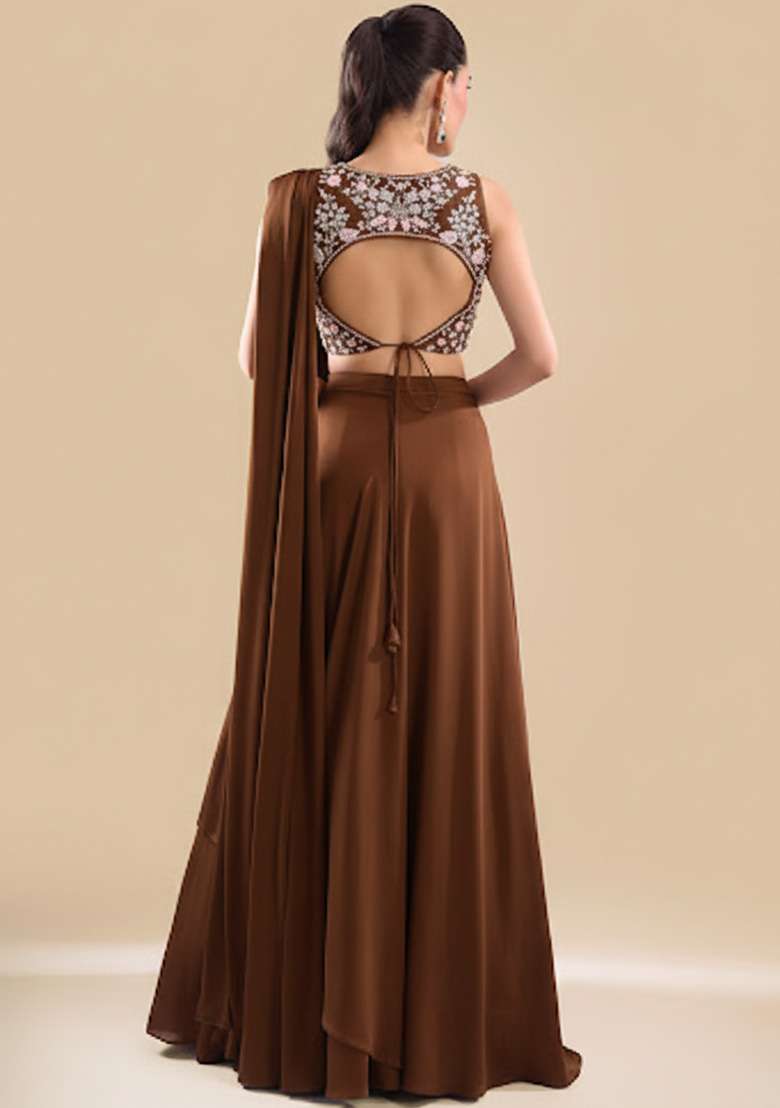 Brown Crepe Handwork Lehenga Set - Indya