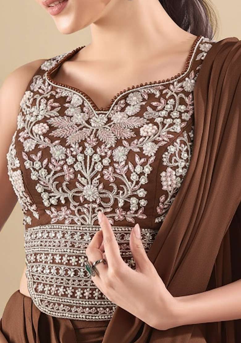Brown Crepe Handwork Lehenga Set - Indya