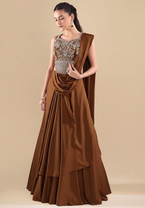 Brown Crepe Handwork Lehenga Set