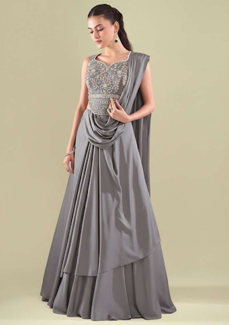 Grey Crepe Handwork Lehenga Set - Indya