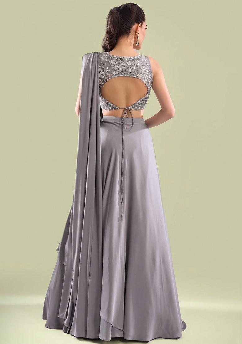 Grey Crepe Handwork Lehenga Set - Indya