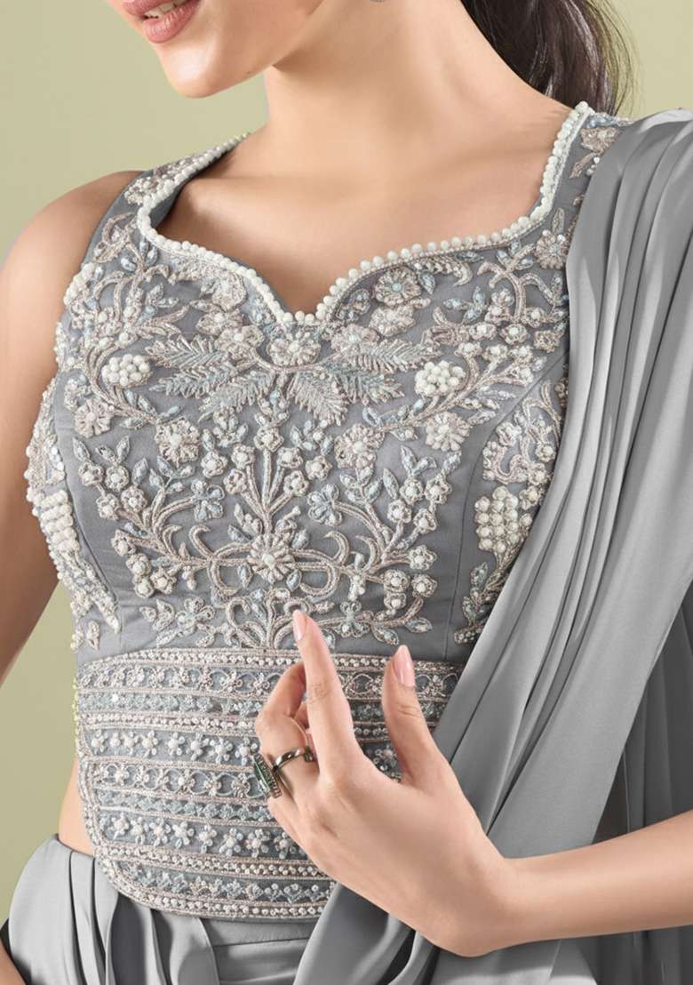 Grey Crepe Handwork Lehenga Set - Indya