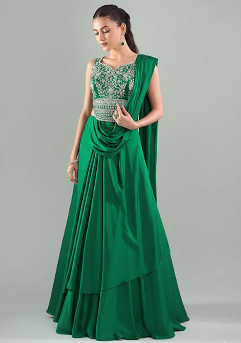 Green Crepe Handwork Lehenga Set - Indya