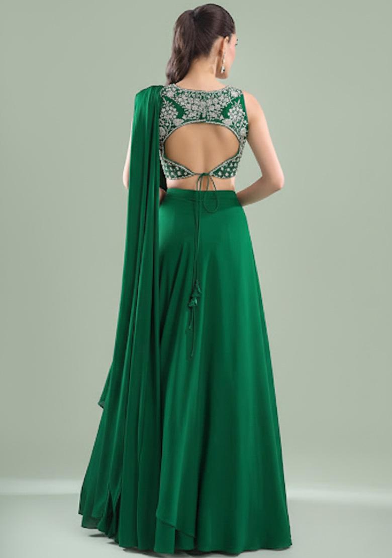 Green Crepe Handwork Lehenga Set - Indya