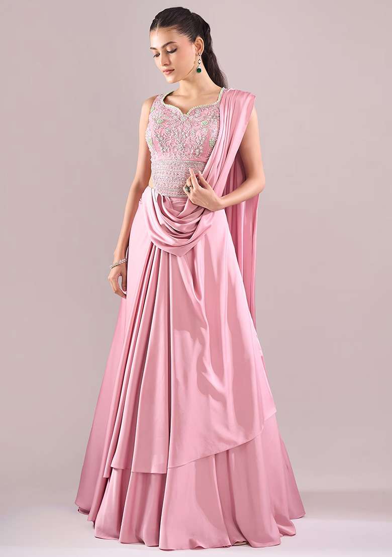 Soft Pink Crepe Handwork Lehenga Set - Indya