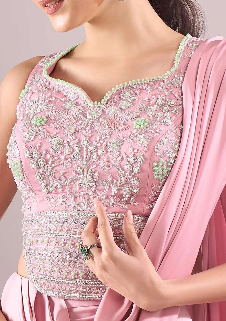 Soft Pink Crepe Handwork Lehenga Set - Indya