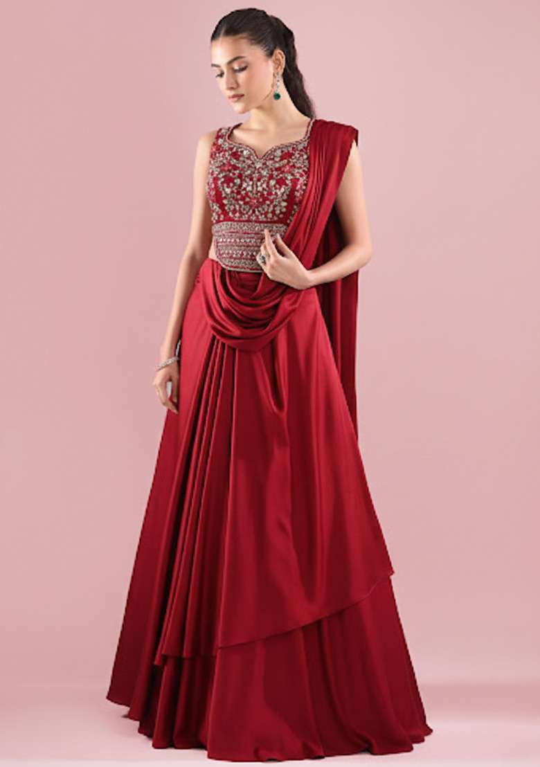 Red Crepe Handwork Lehenga Set - Indya