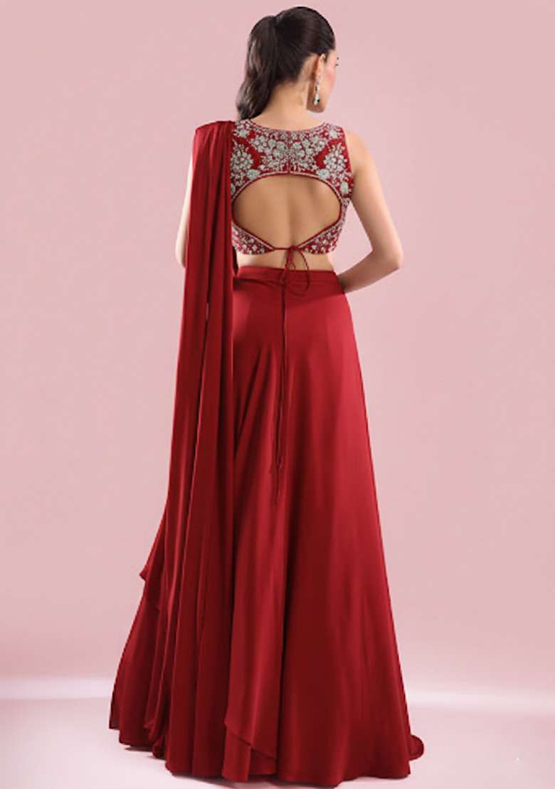 Red Crepe Handwork Lehenga Set - Indya