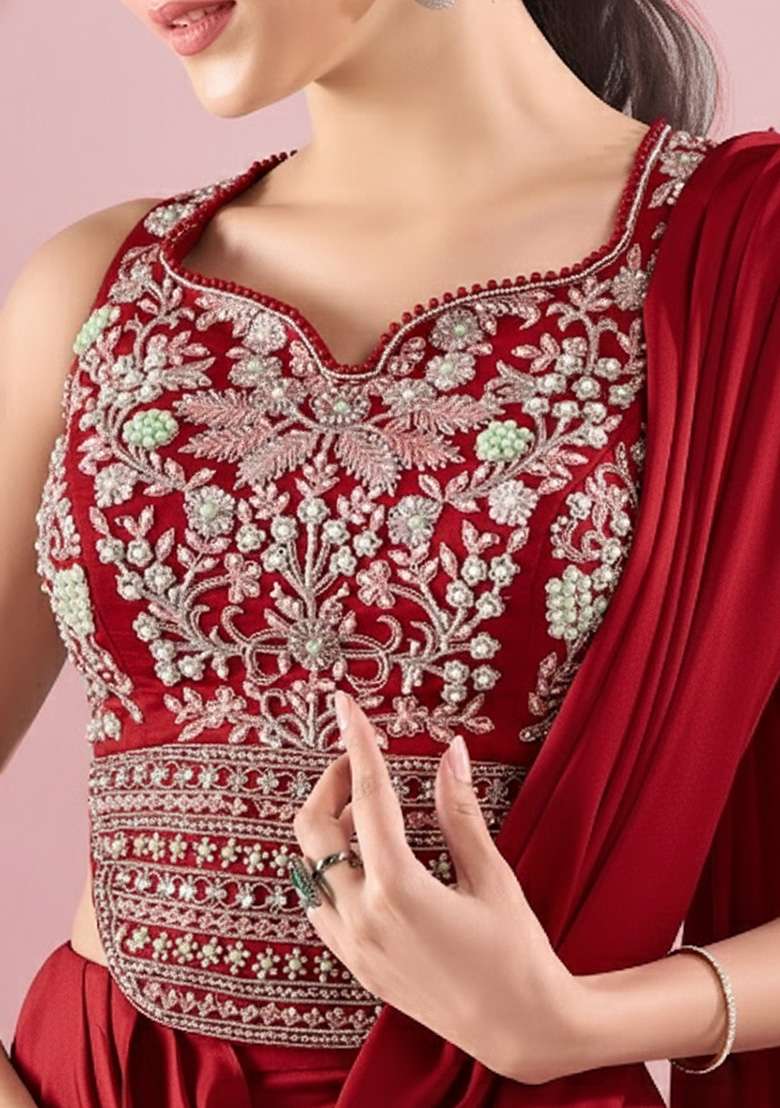 Red Crepe Handwork Lehenga Set - Indya