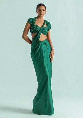 Emerald&nbsp;Green Satin Handwork Pre Draped Saree Set