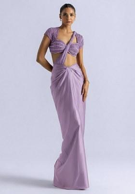 Lilac Satin Handwork Pre Draped Saree Set