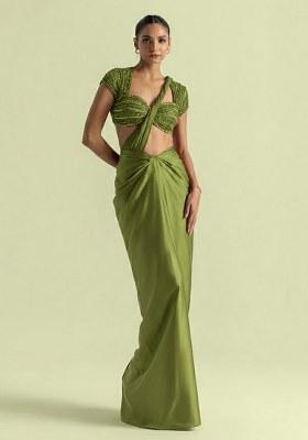 Sage Green Satin Handwork Pre Draped Saree Set