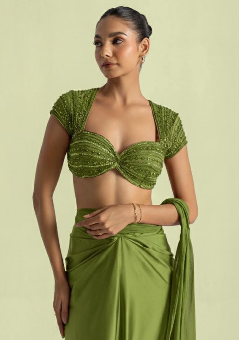 Sage Green Satin Handwork Pre Draped Saree Set - Indya