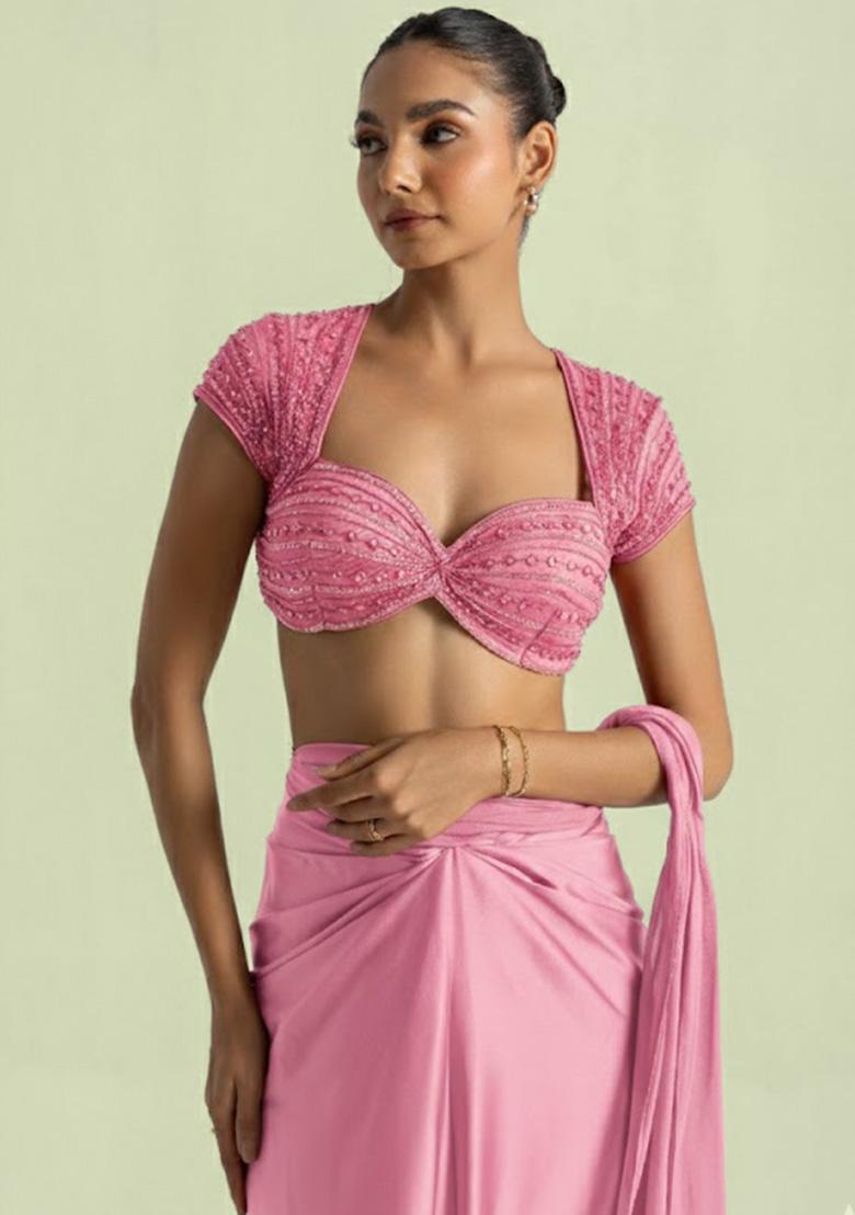 Pink Satin Handwork Pre Draped Saree Set - Indya