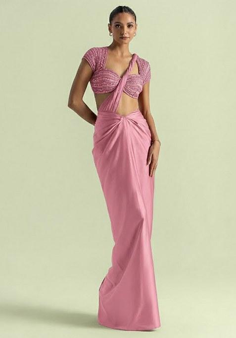 Pink Satin Handwork Pre Draped Saree Set