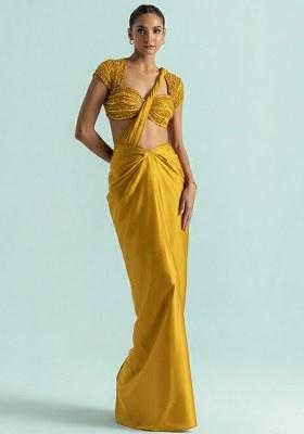 Yellow Satin Handwork Pre Draped Saree Set