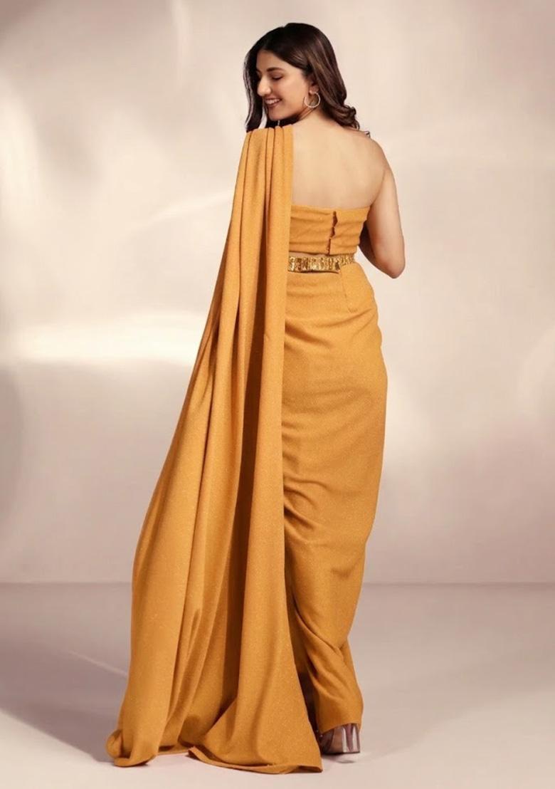 Mustard Chinon Handwork Pre Draped Saree Set - Indya