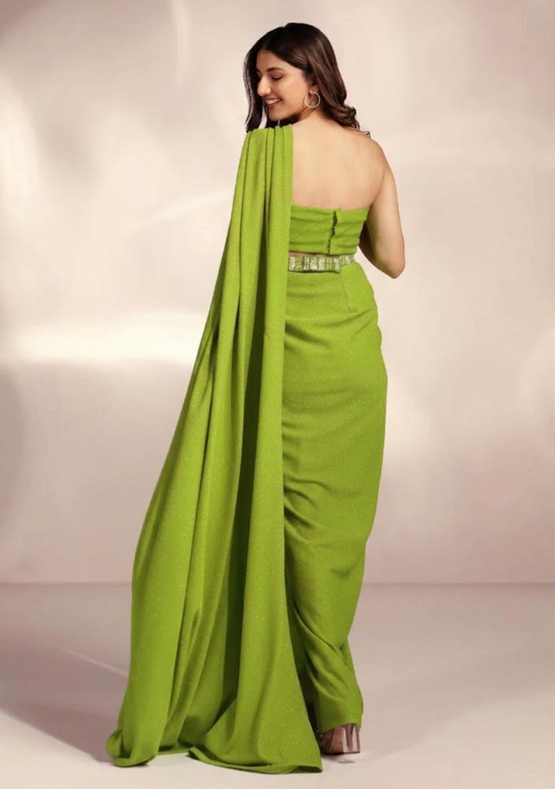 Lime Green Chinon Handwork Pre Draped Saree Set - Indya