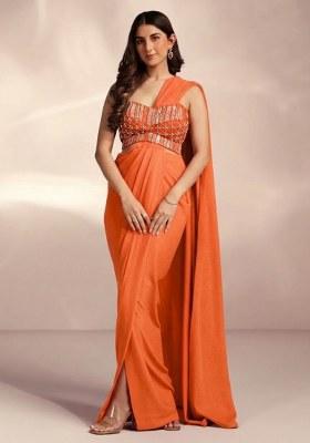 Orange Chinon Handwork Pre Draped Saree Set
