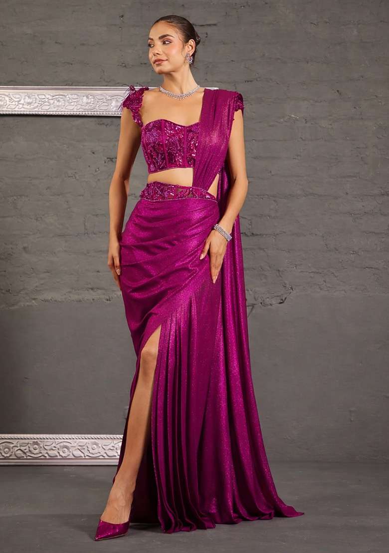 Magenta Pink Georgette Handwork Pre Draped Saree Set - Indya