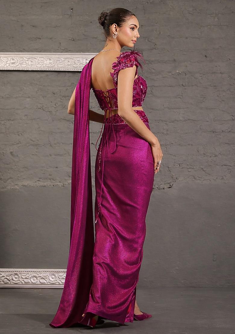 Magenta Pink Georgette Handwork Pre Draped Saree Set - Indya