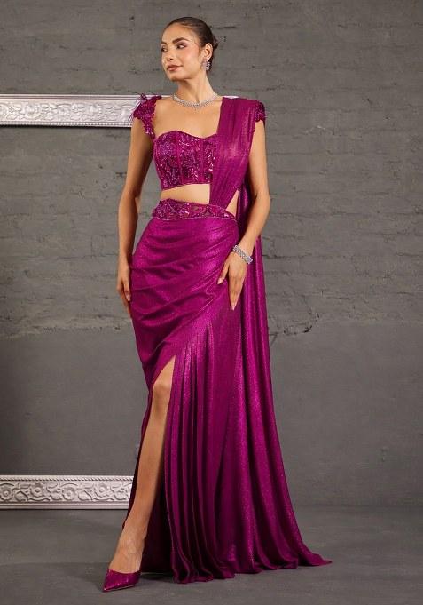 Magenta Pink Georgette Handwork Pre Draped Saree Set
