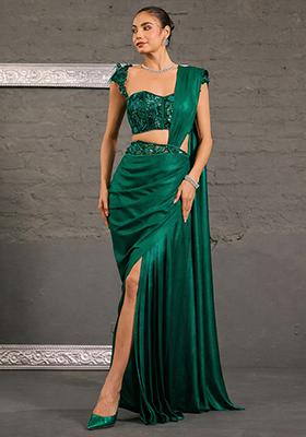 Emerald&nbsp;Green Georgette Handwork Pre Draped Saree Set