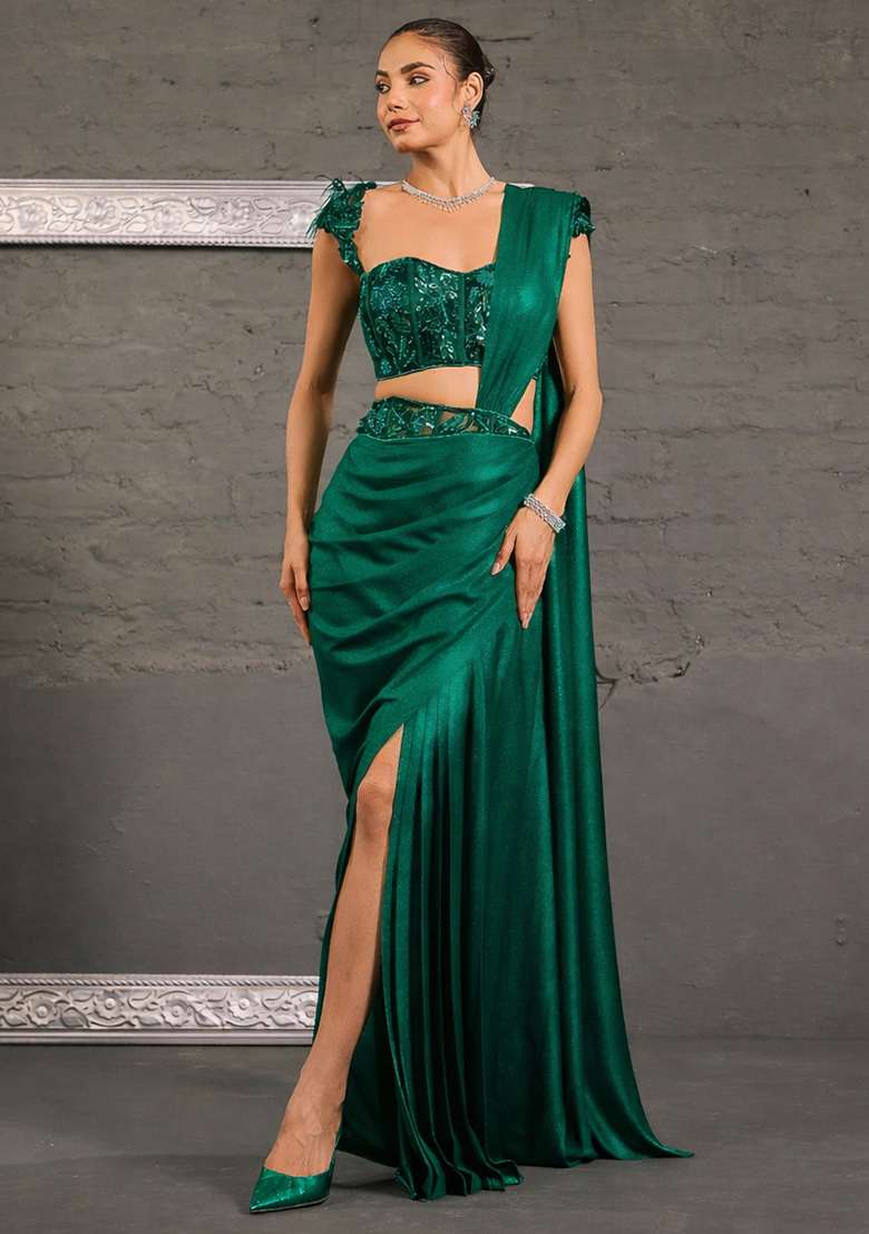 Emerald&nbsp;Green Georgette Handwork Pre Draped Saree Set - Indya