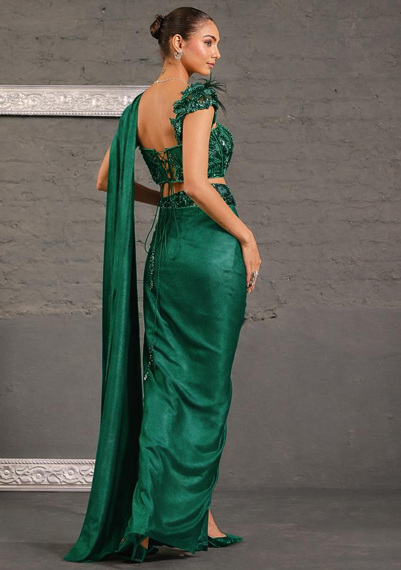 Emerald&nbsp;Green Georgette Handwork Pre Draped Saree Set - Indya