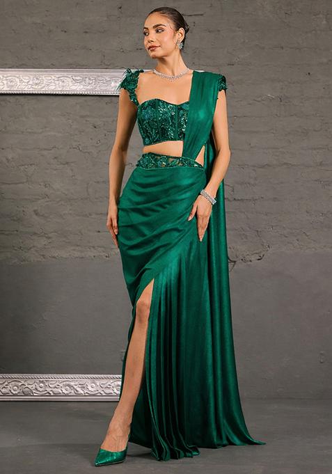 Emerald Green Georgette Handwork Pre Draped Saree Set — view on Indya