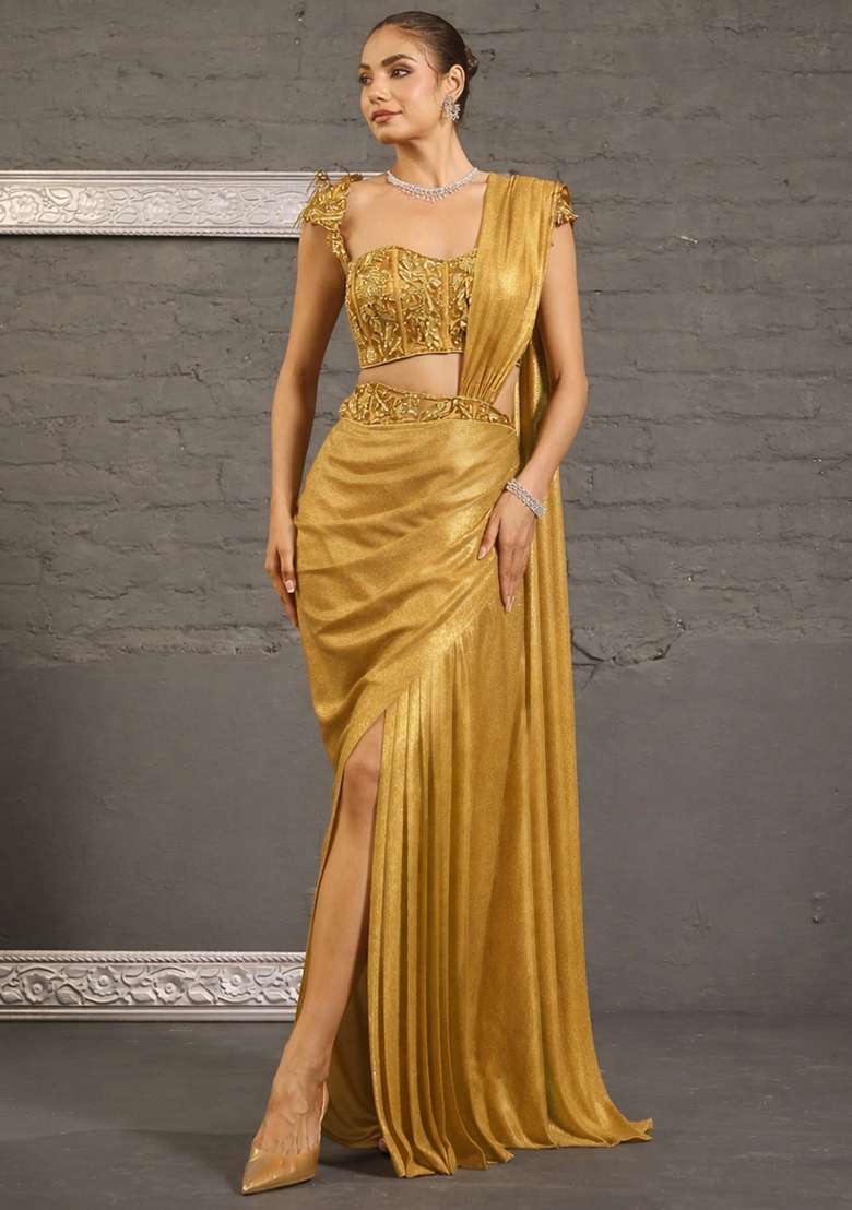 Gold Georgette Handwork Pre Draped Saree Set - Indya