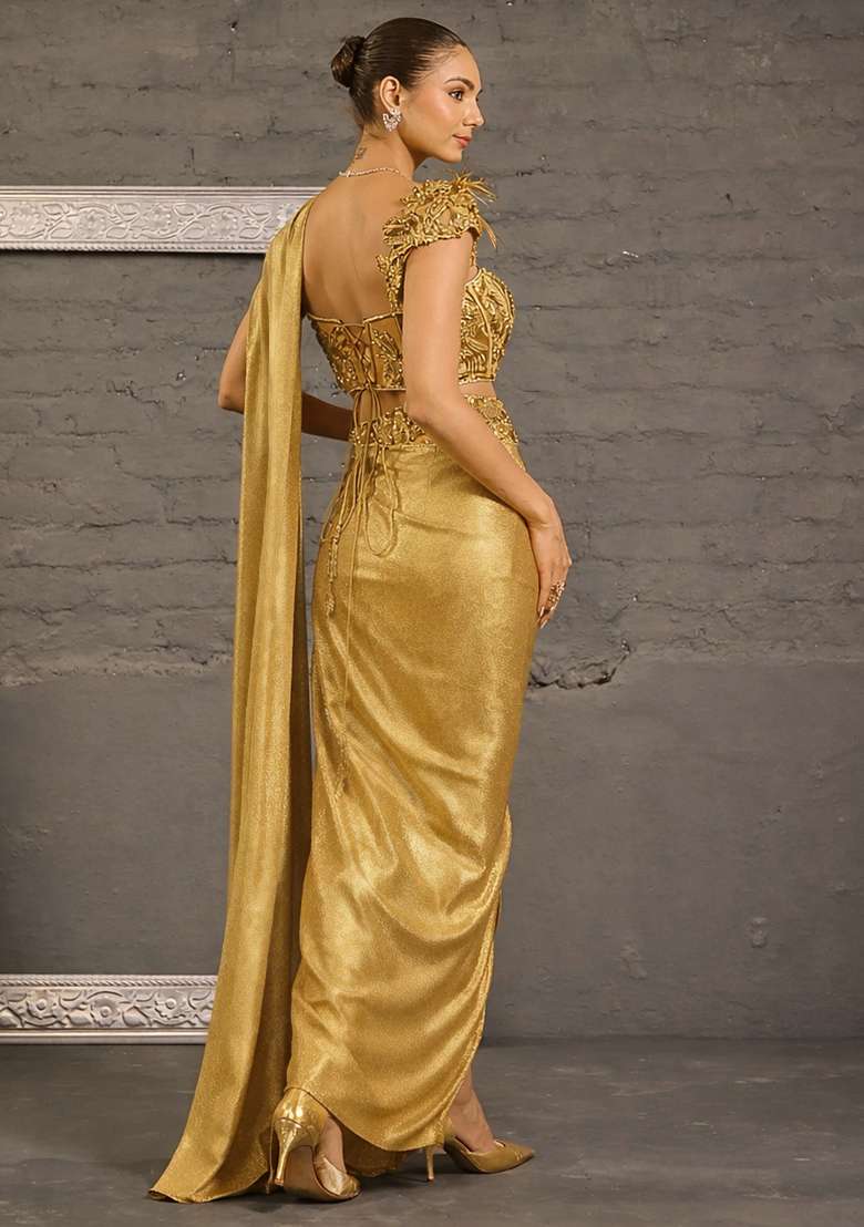 Gold Georgette Handwork Pre Draped Saree Set - Indya