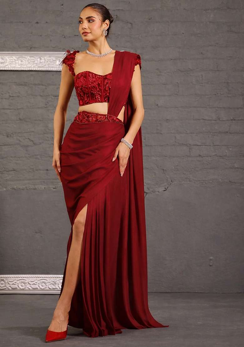 Brown Georgette Handwork Pre Draped Saree Set - Indya