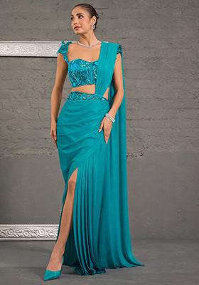 Turquoise Blue Georgette Handwork Pre Draped Saree Set