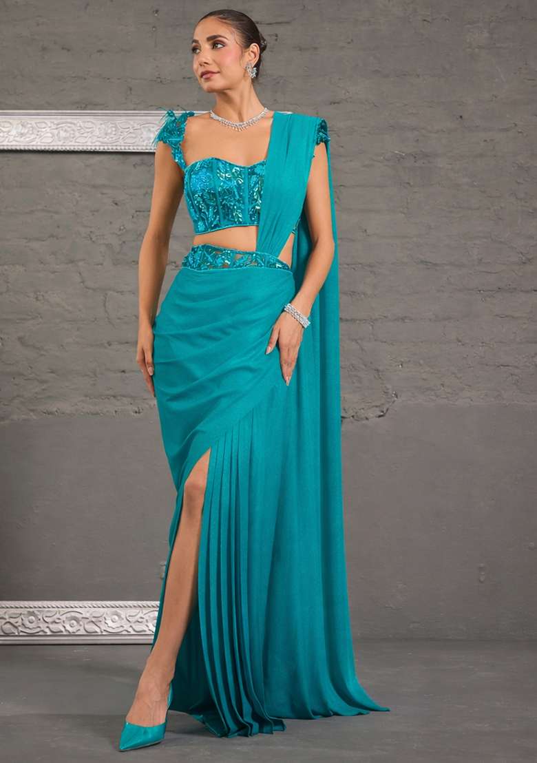 Turquoise Blue Georgette Handwork Pre Draped Saree Set - Indya
