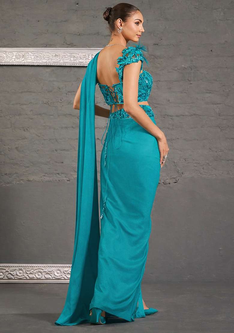 Turquoise Blue Georgette Handwork Pre Draped Saree Set - Indya