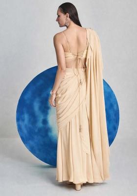 Beige Georgette Handwork Pre Draped Saree Set