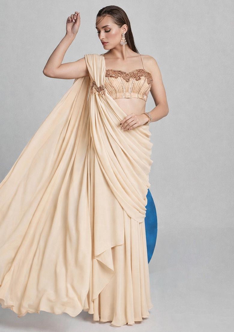 Beige Georgette Handwork Pre Draped Saree Set - Indya