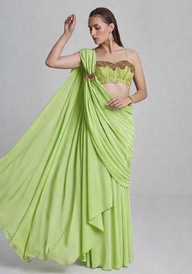 Green Georgette Handwork Pre Draped Saree Set