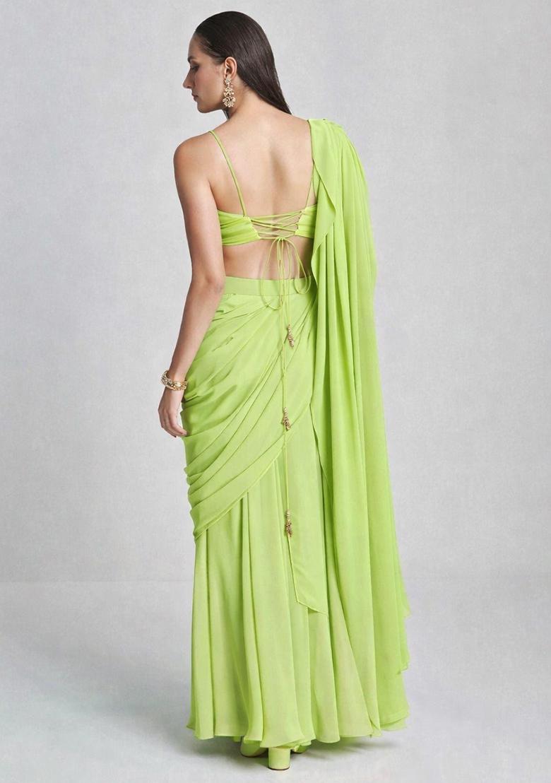 Green Georgette Handwork Pre Draped Saree Set - Indya