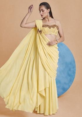 Yellow Georgette Handwork Pre Draped Saree Set