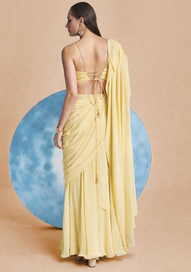 Yellow Georgette Handwork Pre Draped Saree Set - Indya