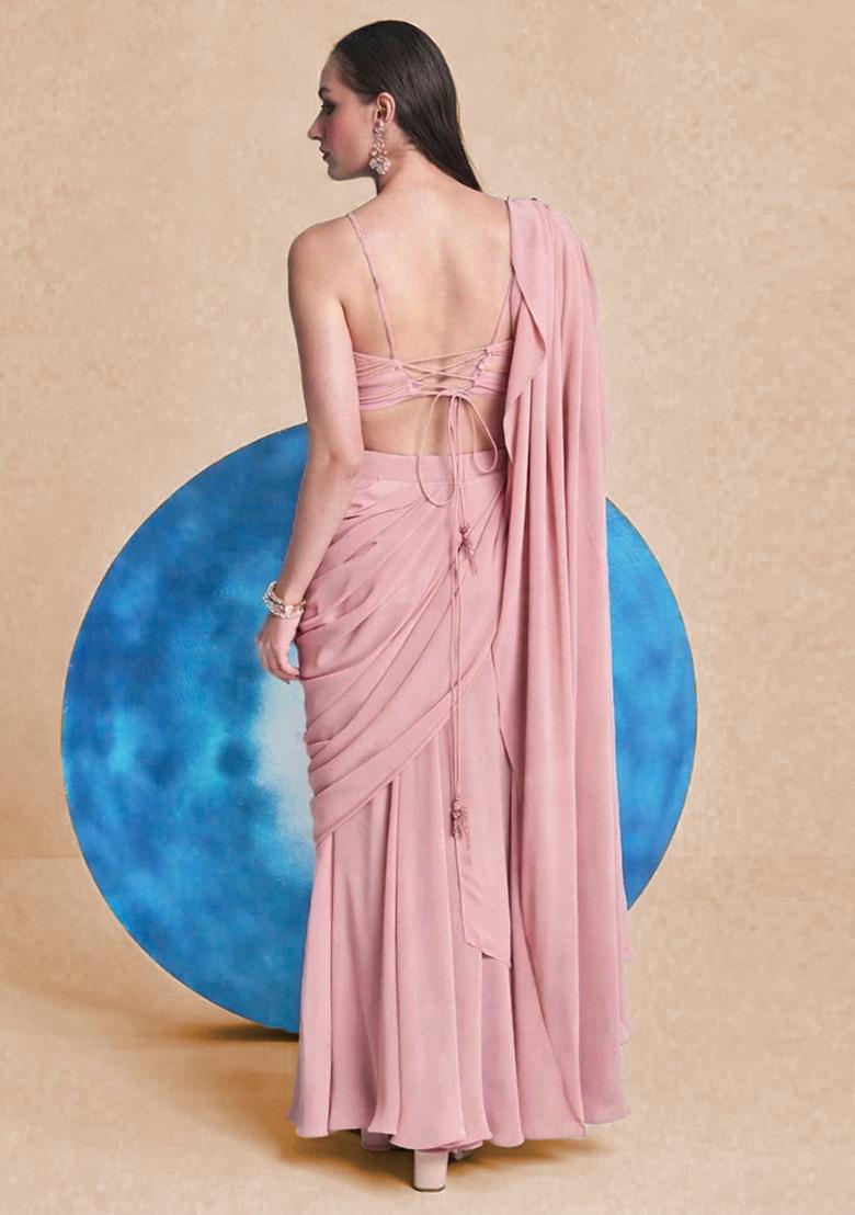 Pink Georgette Handwork Pre Draped Saree Set - Indya